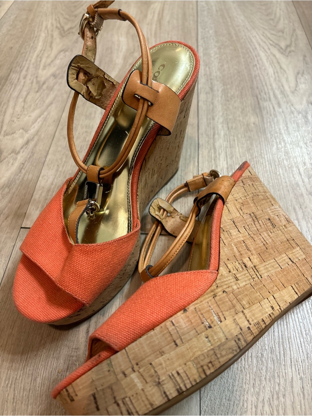 Vintage Coach Orange Canvas Wedge Sandals with Tan Straps